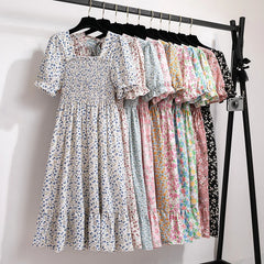 Verão plissado mulheres vestidos de chiffon casual praia férias manga curta gola quadrada mulher midi vestido boêmio mujer vestidos