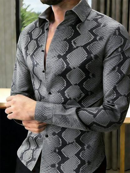 Nova Camisa Masculina Estampada em 3D com Escamas de Cobra, 10 Cores, Casual, de Manga Longa e com Botões