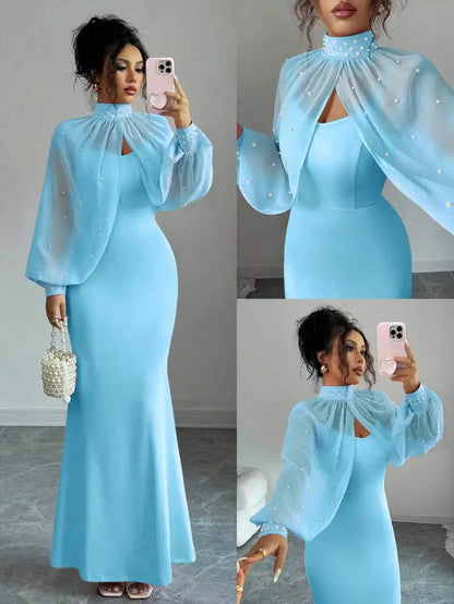 Vestido de Noite Elenzga Novo e Elegante com Charme Madura, Digno e Delicado, Rosa Sonhador, Top de Manga Longa Bordado à Mão, Sereia Graciosa