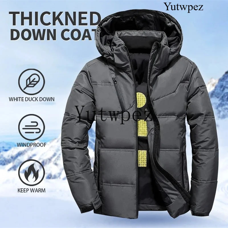 Jaqueta Masculina de Inverno 2026 Corta-Vento para Escalada com Capuz Removível, Parka Esportiva Casual para Caminhada ao Ar Livre, Casaco de Pluma de Pato Branco