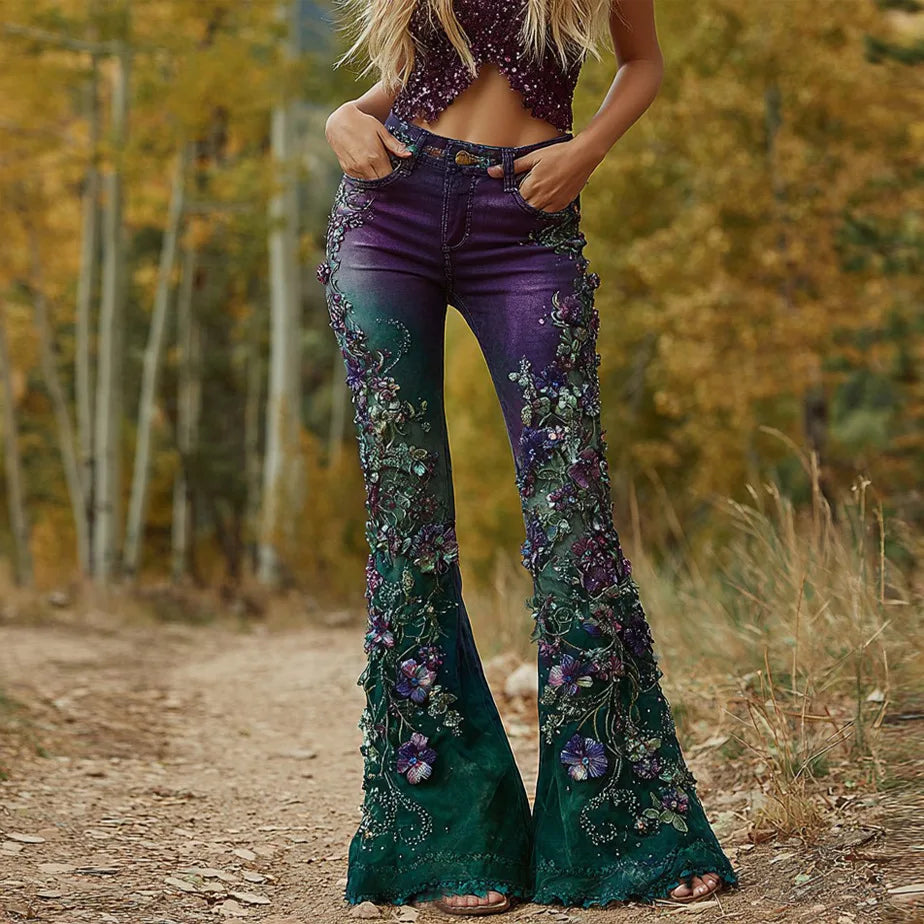 Novas Calças Jeans Flare Femininas com Estampa Digital 3D, Cintura Alta, Ajuste Slim, Denim Elástico, Estilo Casual e Moderno para Uso Diário
