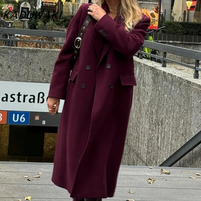 Casaco longo feminino KADUWAKI de lã, casual, elegante, com gola dobrável, mangas compridas, bolsos e abotoamento duplo, ideal para outono e inverno.
