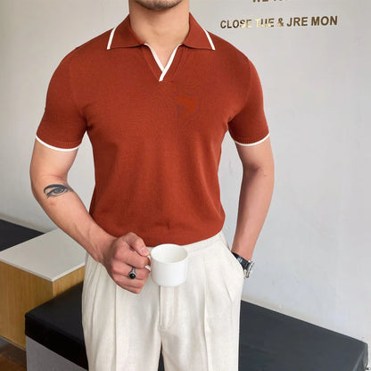 Camisa polo de manga curta de malha masculina, blusa casual de negócios, polo Slim Fit, primavera verão, camiseta listrada moda, camiseta com gola polo, malhas