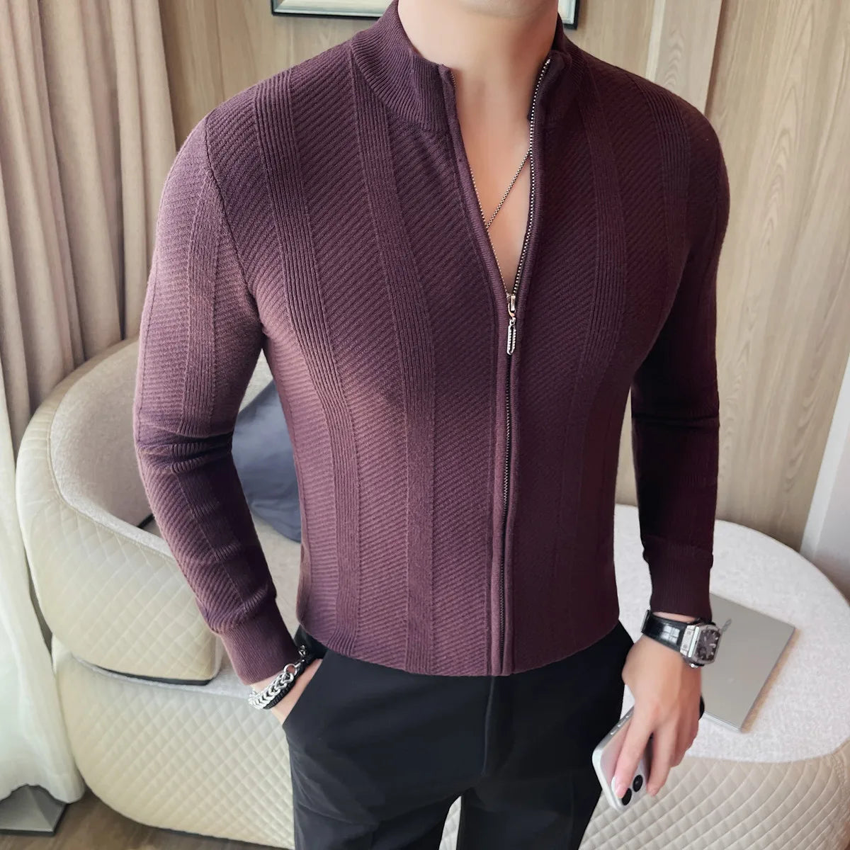 Camisola masculina outono inverno novo fino ajuste gola com zíper cardigan de malha moda cor sólida quente estiramento malha topos casacos