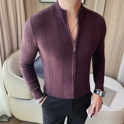 Camisola masculina outono inverno novo fino ajuste gola com zíper cardigan de malha moda cor sólida quente estiramento malha topos casacos
