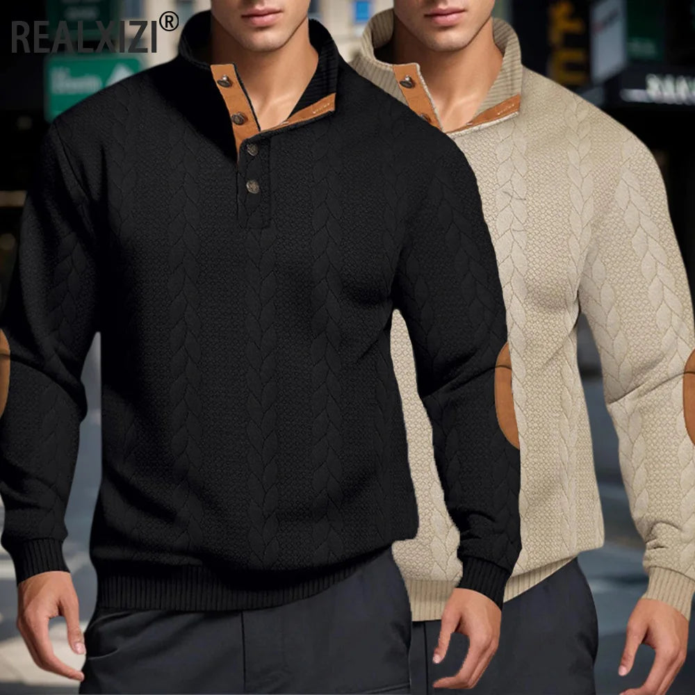 Suéteres jacquard de malha masculina botão gola alta pulôver quente suéteres ao ar livre casual moletom de manga comprida masculino