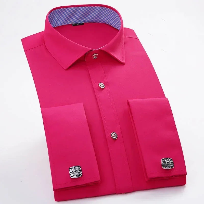 Qualidade frança abotoaduras homens vestido camisas botão turndown colarinho respirável fino ajuste festa de casamento smoking camisas hombre