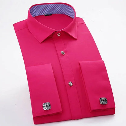 Qualidade frança abotoaduras homens vestido camisas botão turndown colarinho respirável fino ajuste festa de casamento smoking camisas hombre