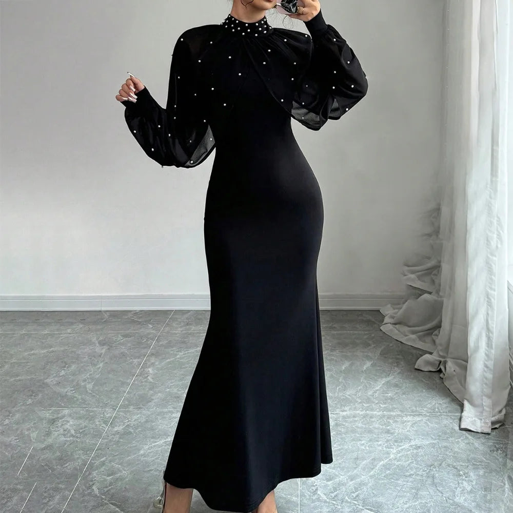Vestido Longo Sereia Feminino 2026 Elegante com Gola Alta, Manga Longa em Tule, Cintura Marcada e Renda Sexy para Casamento