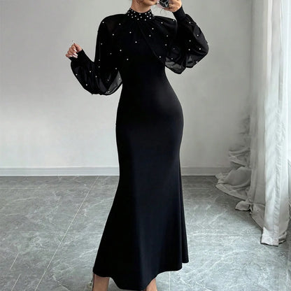 Vestido Longo Sereia Feminino 2026 Elegante com Gola Alta, Manga Longa em Tule, Cintura Marcada e Renda Sexy para Casamento