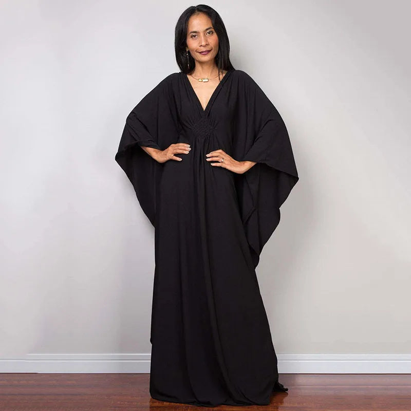Vestidos Kaftan de Praia Plus Size para Mulheres, com Decote em V e Manga Morcego, em Cores Sólidas, Roupas de Lazer