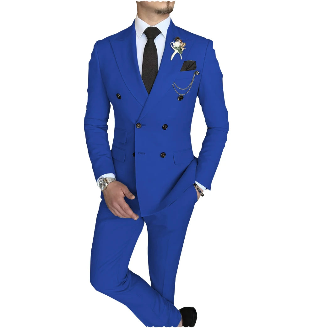 Terno slim fit trespassado masculino, jaqueta Peak Lapel, casual de negócios, blazer e calça de casamento, 2 peças