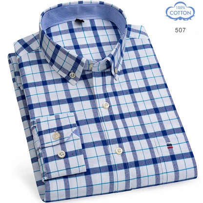 2025 camisa social masculina puro algodão oxford marca de luxo fino macio abotoado xadrez formal trabalho roupas ocidentais