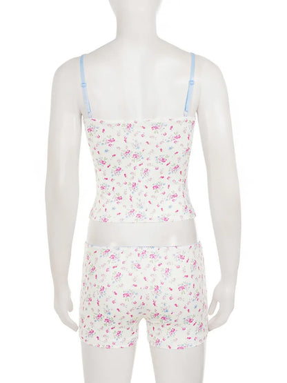 Conjunto feminino oniflyme com estampa floral, decote em v, verão, sexy, sem mangas, costas nuas, shorts, conjunto de 2 peças, casual, roupa de casa