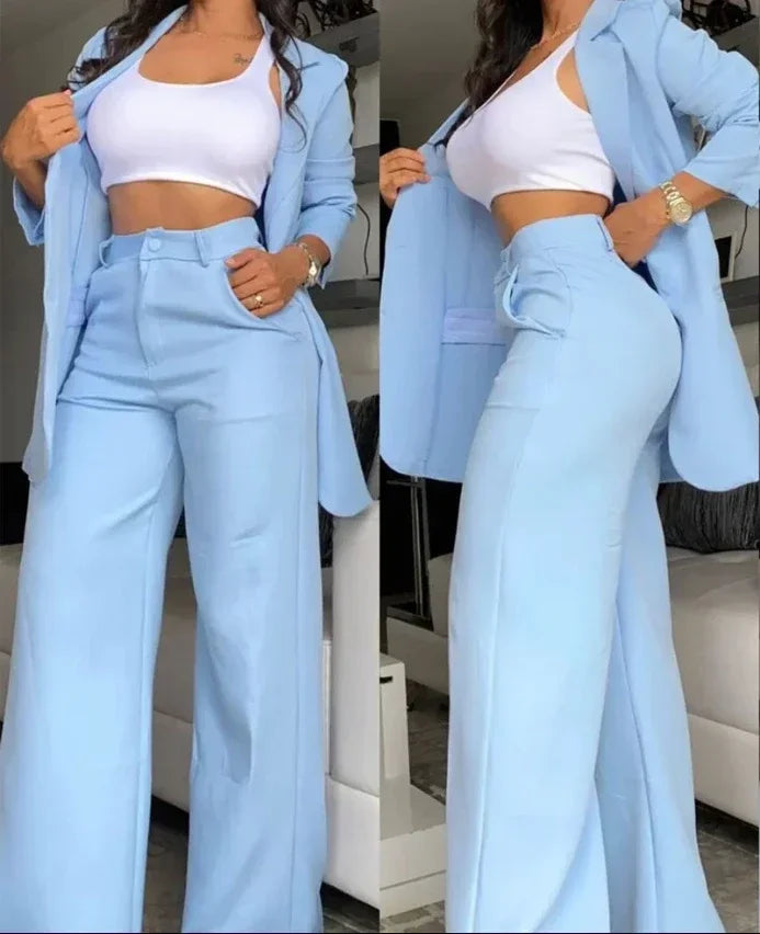 Elegante outono feminino blazer e calças conjunto de duas peças roupas femininas moda gola entalhada casaco & bolso design calças terno
