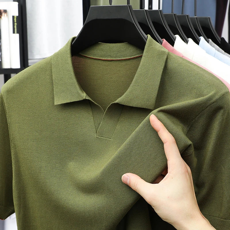 100% Lyocell malhas 2025 homens primavera verão na moda turn down collar malha camisetas manga curta respirável malha topos