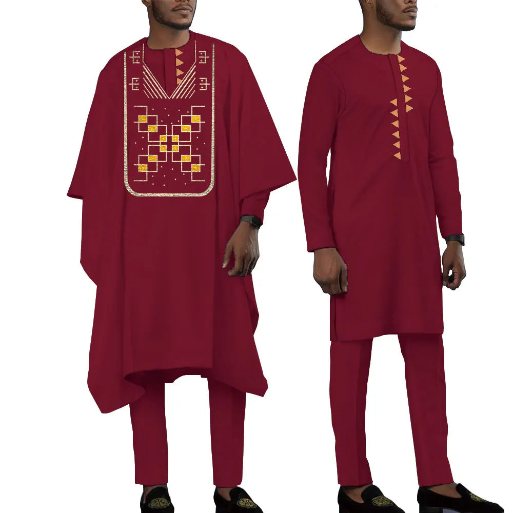 Terno bordado de manga comprida africano masculino, calças e blusões casuais empresariais Dashiki, conjunto de 3 peças, WYN1643