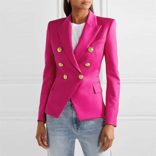 Blazer feminino de alfaiataria, modelo slim, estilo europeu/americano, para primavera/outono, com abotoamento duplo.