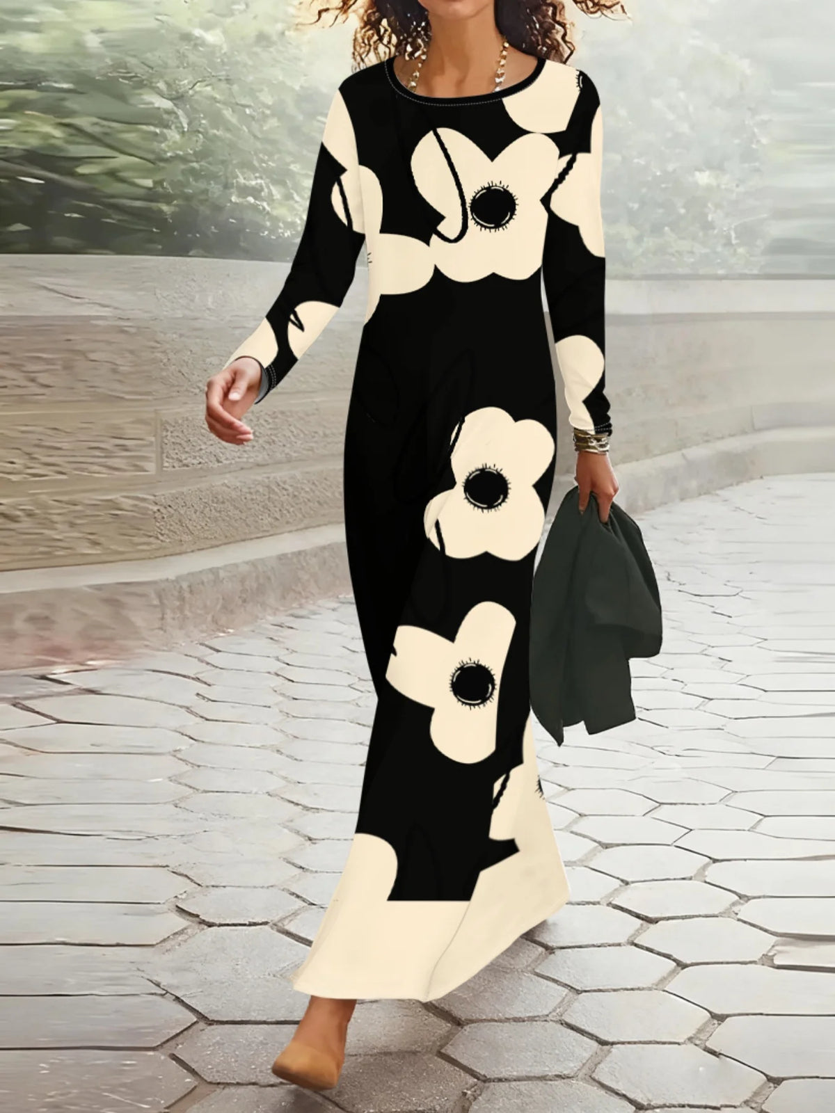 Vestido Maxi Feminino de Manga Longa com Estampa Floral Abstrata Grande