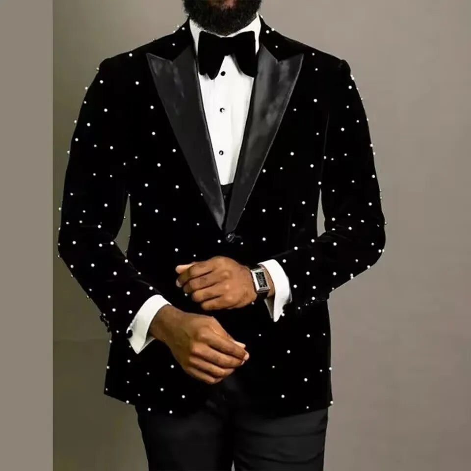 Terno de casamento masculino de luxo personalizado, lapela repicada, pérolas, smoking para noivo, veludo preto, para festa de baile, baile,иджак