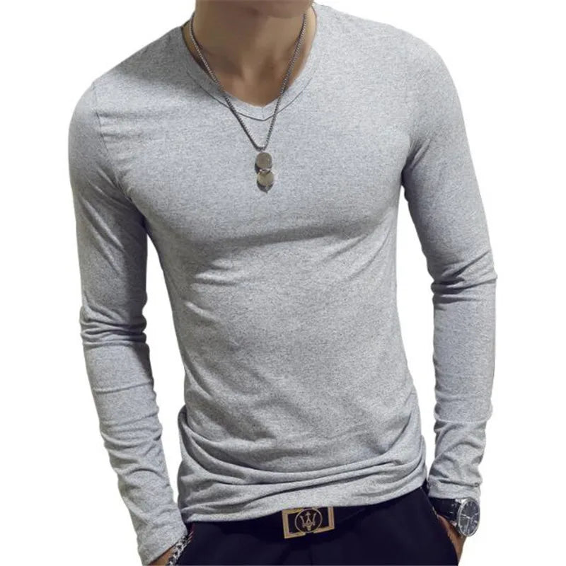 Camiseta masculina de manga comprida com estampa "Cultive a Moralidade" para a Primavera e o Outono, gola redonda, em poliéster liso, nas cores vermelho, azul e preto.