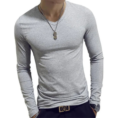 Camiseta masculina de manga comprida com estampa "Cultive a Moralidade" para a Primavera e o Outono, gola redonda, em poliéster liso, nas cores vermelho, azul e preto.