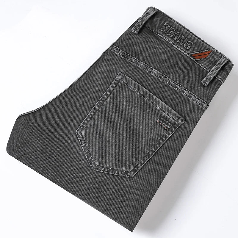 Calças Jeans Cinzas Masculinas Moda Primavera Outono Casual Elásticas Clássicas Retas para Trabalho Vintage em Denim Lavado