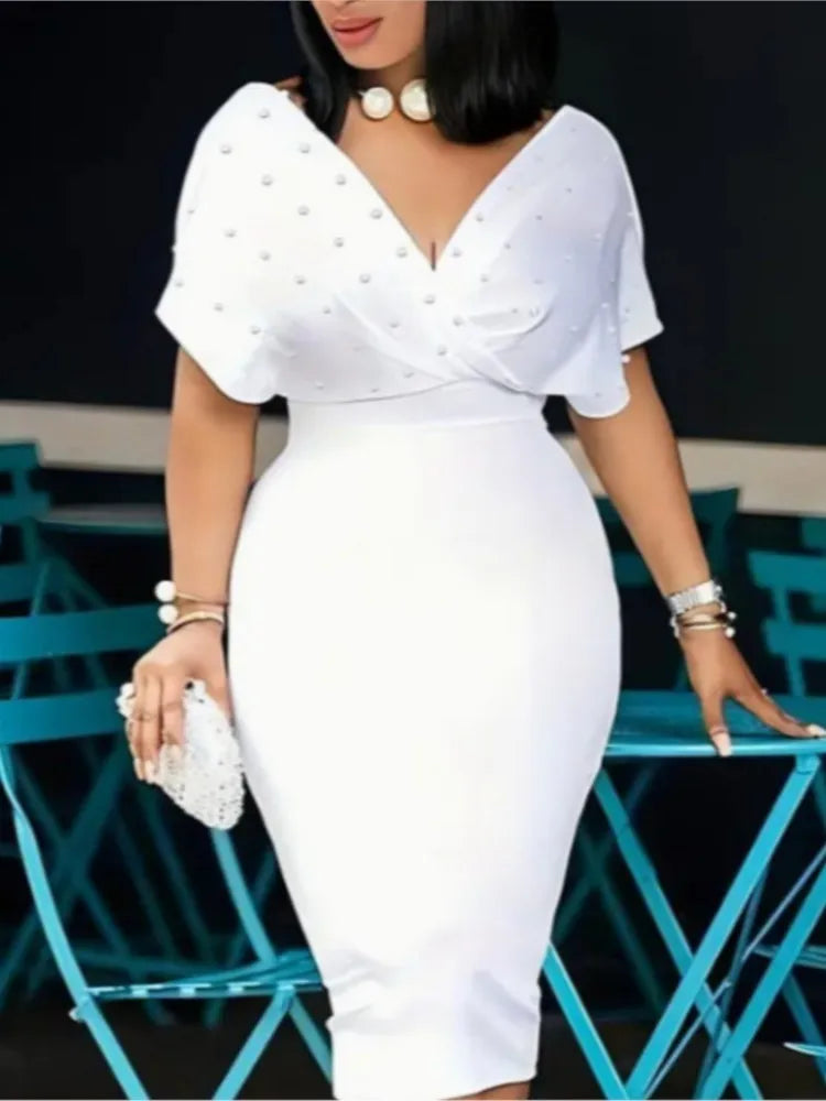 Moda vestido de festa para wonen sexy decote em v pacote hip vestidos elegantes 2025 srping verão senhora cor sólida magro escritório midi vestido