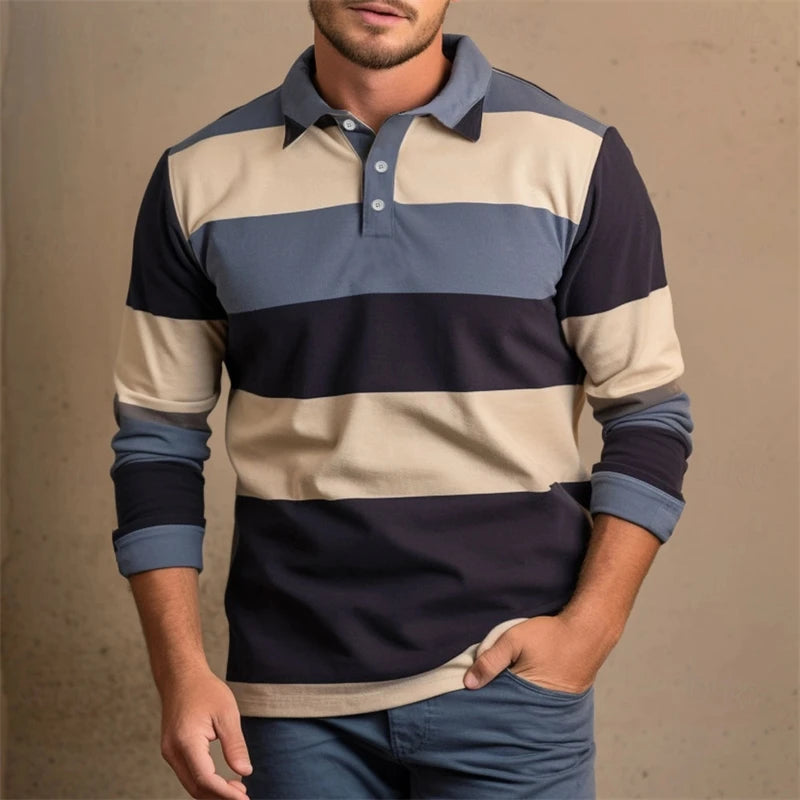 Casual Striped Graphic Polo Shirts For Men Simple Autumn Business 3D Printed Long Sleeve Golf Polo Loose Breathable Lapel Tees