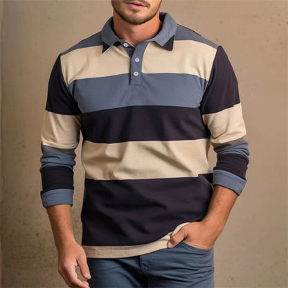 Casual Striped Graphic Polo Shirts For Men Simple Autumn Business 3D Printed Long Sleeve Golf Polo Loose Breathable Lapel Tees