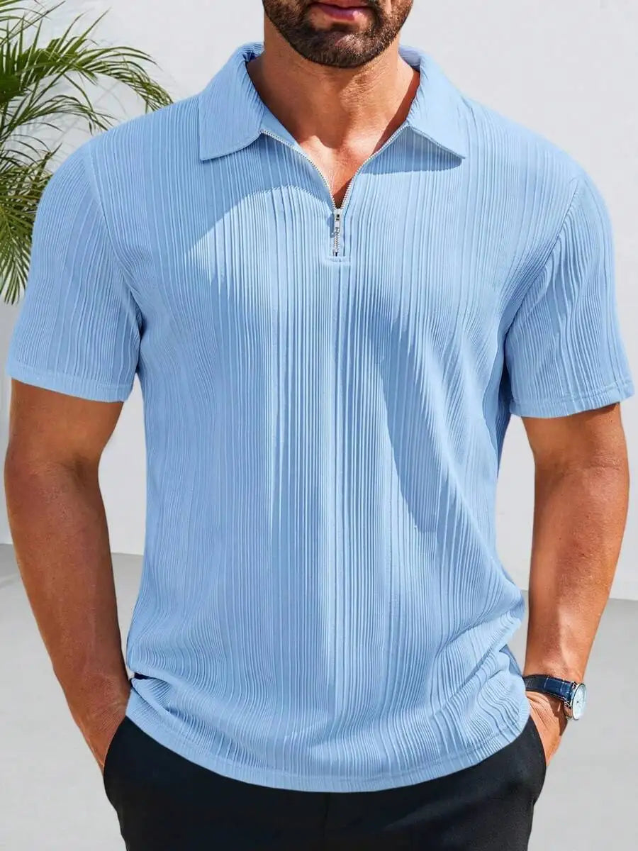 Camisa Masculina com Zíper Frontal, Malha Texturizada, Manga Curta, Casual, Leve, para Golfe