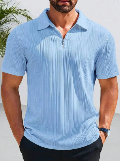 Camisa Masculina com Zíper Frontal, Malha Texturizada, Manga Curta, Casual, Leve, para Golfe
