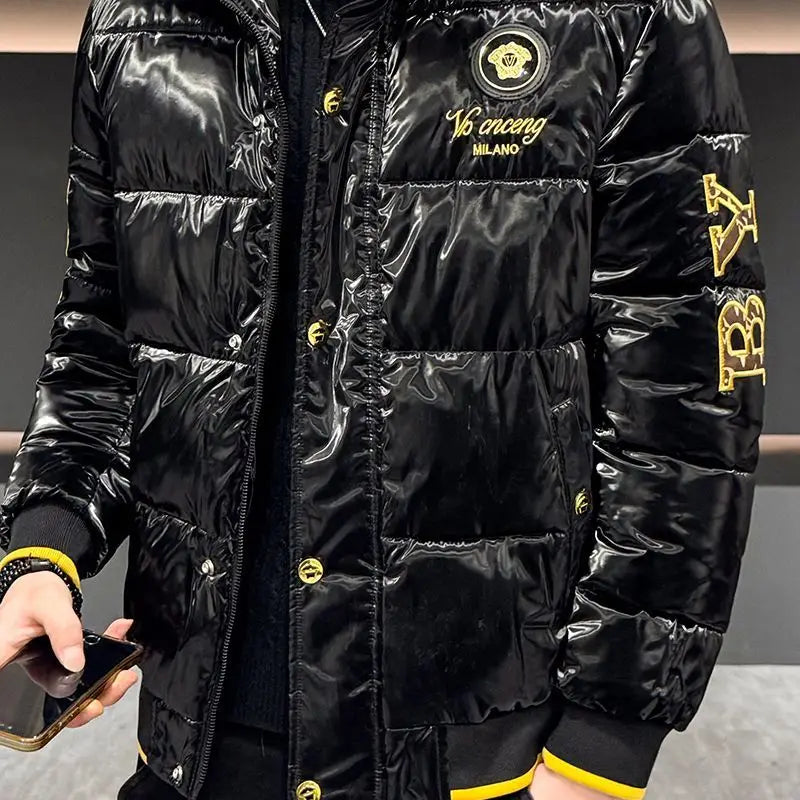 Novo casaco de moda brilhante, estilo europeu, bordado, masculino, com gola alta, acolchoado com algodão, grosso e quente.