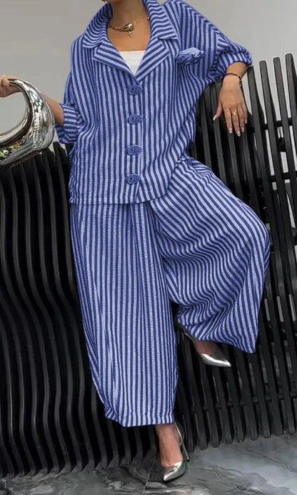 Women Fashion Lapel Wide Leg Pants Loose Sets 2024 Spring Autumn New Stripe Print 2PCS Casual Suits Office Simple Outfites