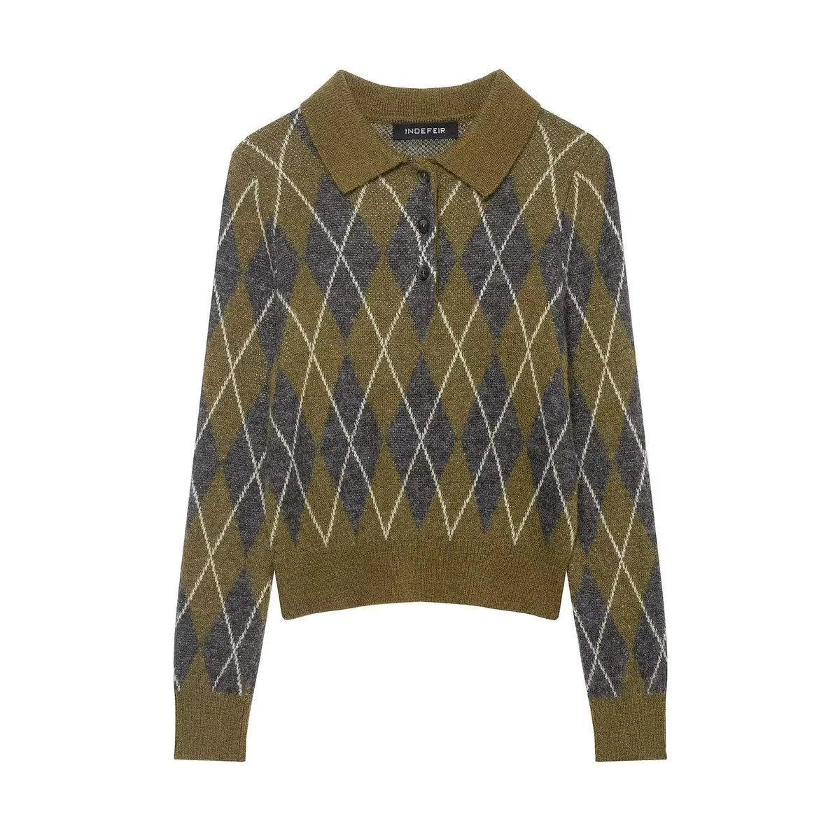Suéter Feminino de Tricô Argyle para Outono/Inverno, Pulôver Casual Quente com Botões e Manga Longa