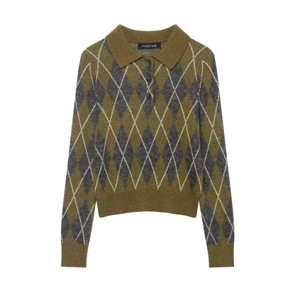 Suéter Feminino de Tricô Argyle para Outono/Inverno, Pulôver Casual Quente com Botões e Manga Longa