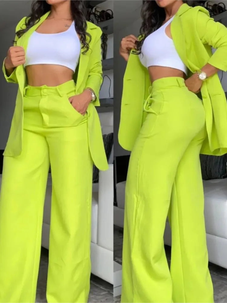 Elegante outono feminino blazer calças conjunto de duas peças roupas femininas moda gola entalhada casaco & calça; Terno de calças com design de bolso