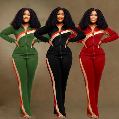 Conjunto de emenda listrada de duas peças esportivo feminino casual fashion