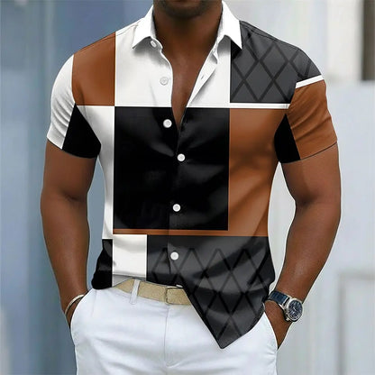 Camisa Masculina Color Block com Botões, Manga Curta, Casual, Estilo Streetwear, Estampa 3D, Gola Dobrável, Azul, Vinho, Marrom, Verde