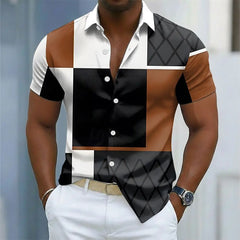 Camisa Masculina Color Block com Botões, Manga Curta, Casual, Estilo Streetwear, Estampa 3D, Gola Dobrável, Azul, Vinho, Marrom, Verde