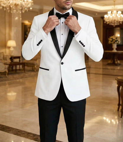 Elegante Terno Masculino Branco Slim-Fit de Duas Peças com Jaqueta de Botão Único e Calça para Casamento, Festa e Negócios