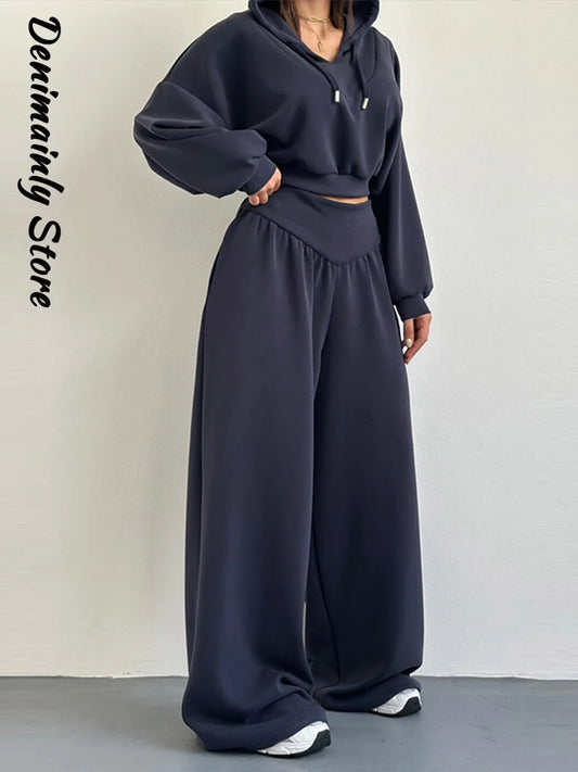 Casual azul escuro recortado calças com capuz conjunto feminino solto curto pulôver cintura alta calças de perna larga 2 peça conjunto 2026 femmes outfit