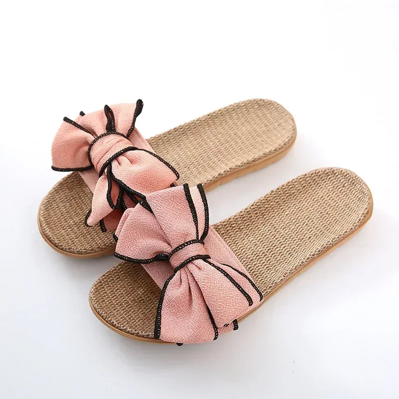 Chinelo feminino casual de verão, confortável, em linho listrado com laço, sandália plataforma, ideal para uso interno.