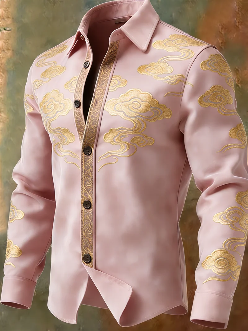 Nova camisa masculina retrô com padrão multicolorido e estampa 3D de nuvens, camisa casual marrom de manga comprida para o dia a dia.