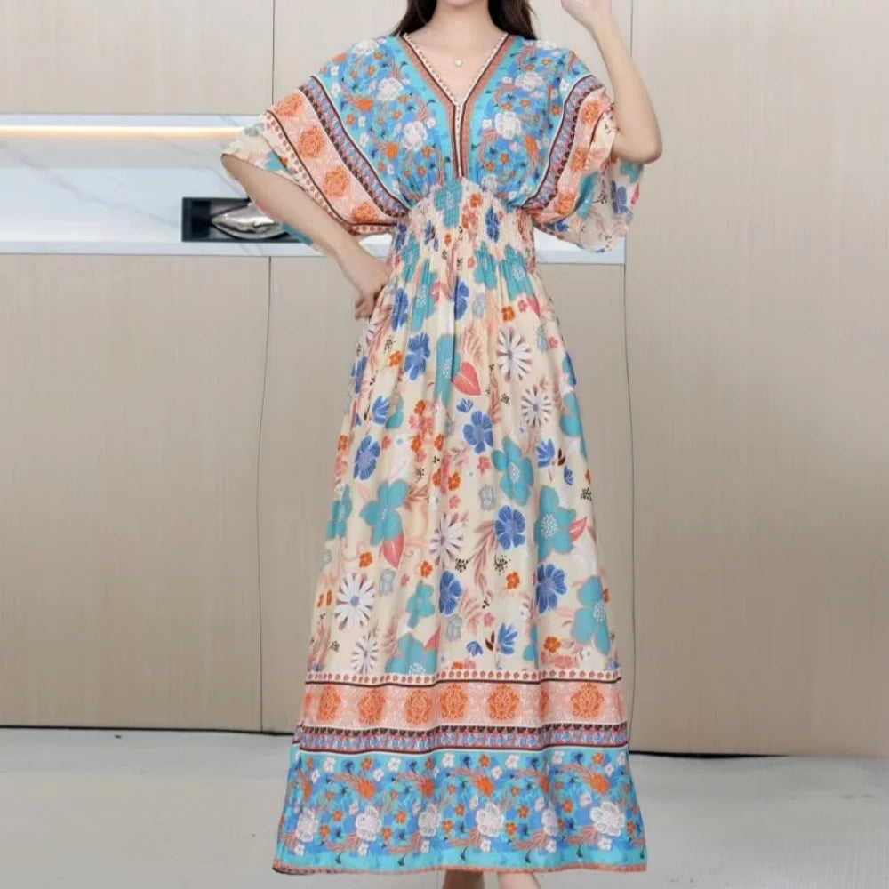 Flor colorida com decote em v elástico jovem boêmio doce midi vestido mulher roupas chique moda vestidos de verão 2025 grande balanço esqui
