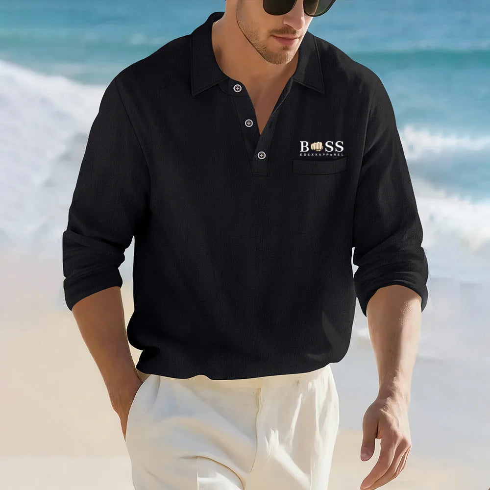 Camisa Masculina Casual de Linho e Algodão Leve com Lapela, Solta, Cor Sólida, Moda Primavera Outono, com Detalhe Decorativo na Gola