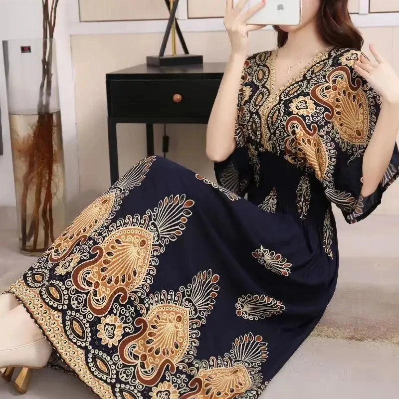 Flor colorida com decote em v elástico jovem boêmio doce midi vestido mulher roupas chique moda vestidos de verão 2025 grande balanço esqui