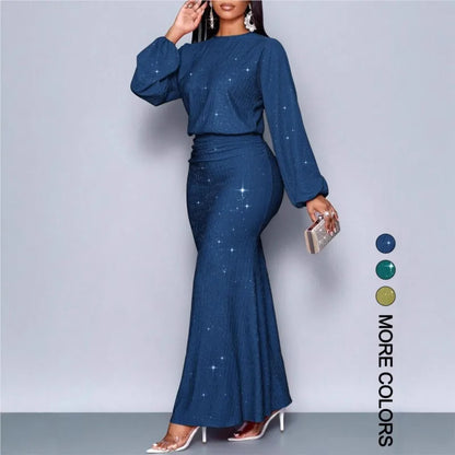 Vestido de Noite Elegante para Mulheres, Decote Redondo, Manga Longa, Saia em Cauda de Peixe Plissada, Vestido Sexy Longo e Slim para Primavera e Verão