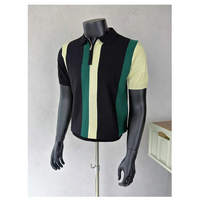 Camisas Polo Tricotadas Listradas Coreanas para Homens, T-shirt Casual com Zíper Lateral, Manga Curta, Estilo Empresarial e Social