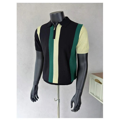 Camisas Polo Tricotadas Listradas Coreanas para Homens, T-shirt Casual com Zíper Lateral, Manga Curta, Estilo Empresarial e Social